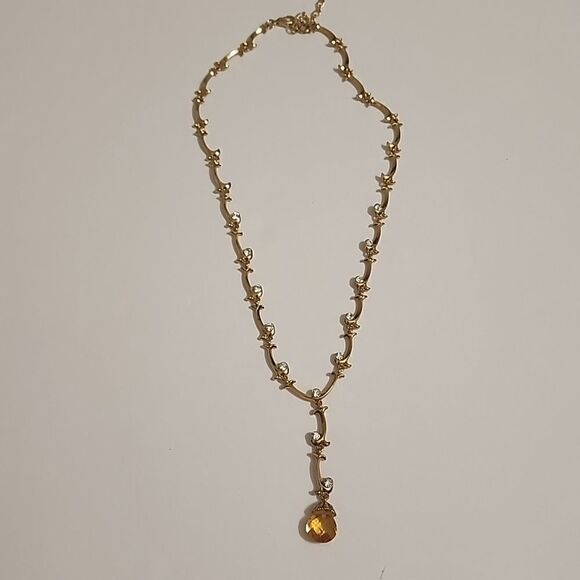 Gold Tone Vine Link Y Drop Necklace Clear Rhinestone Golden Teardrop - Picture 1 of 4
